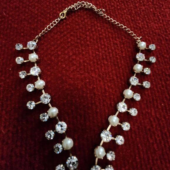 Pearl & Rhinestone Choker Necklace Gold-Tone Adjustable Chain - Picture 7 of 11